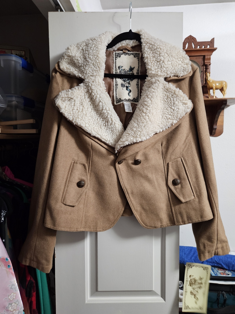 Forever Audrey Womens Tan Sherpa-Trim Wool-Blend Peacoat